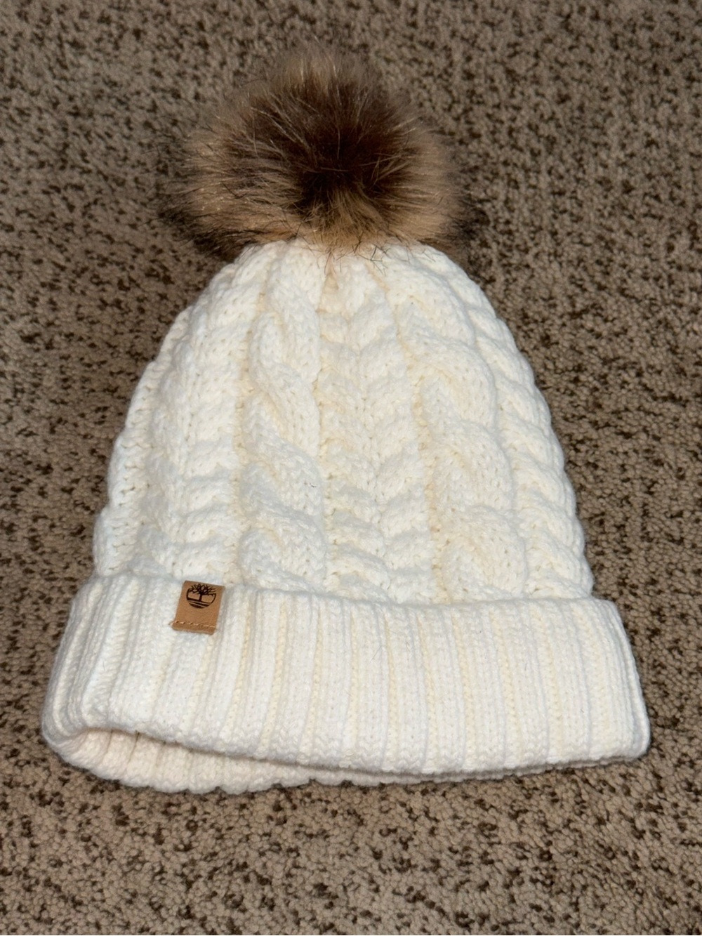 TIMBERLAND Women’s Ivory Cable Knit Sherpa-Lined Pom Beanie | One Size
